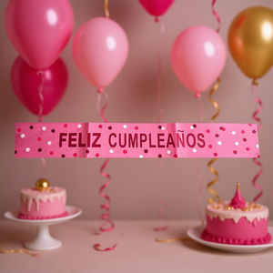 Banda de plástico reutilizable con letras fucsia y diseño de lunares rosas para cumpleaños infantil, decoración elegante para fiestas - Product Image 3