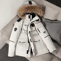 Hiver Blanc Duvet de Canard Jeunes Épaissie Avec Fourrure Capuche Poche Fermeture Éclair Pardessus Femmes Hommes Doudoune