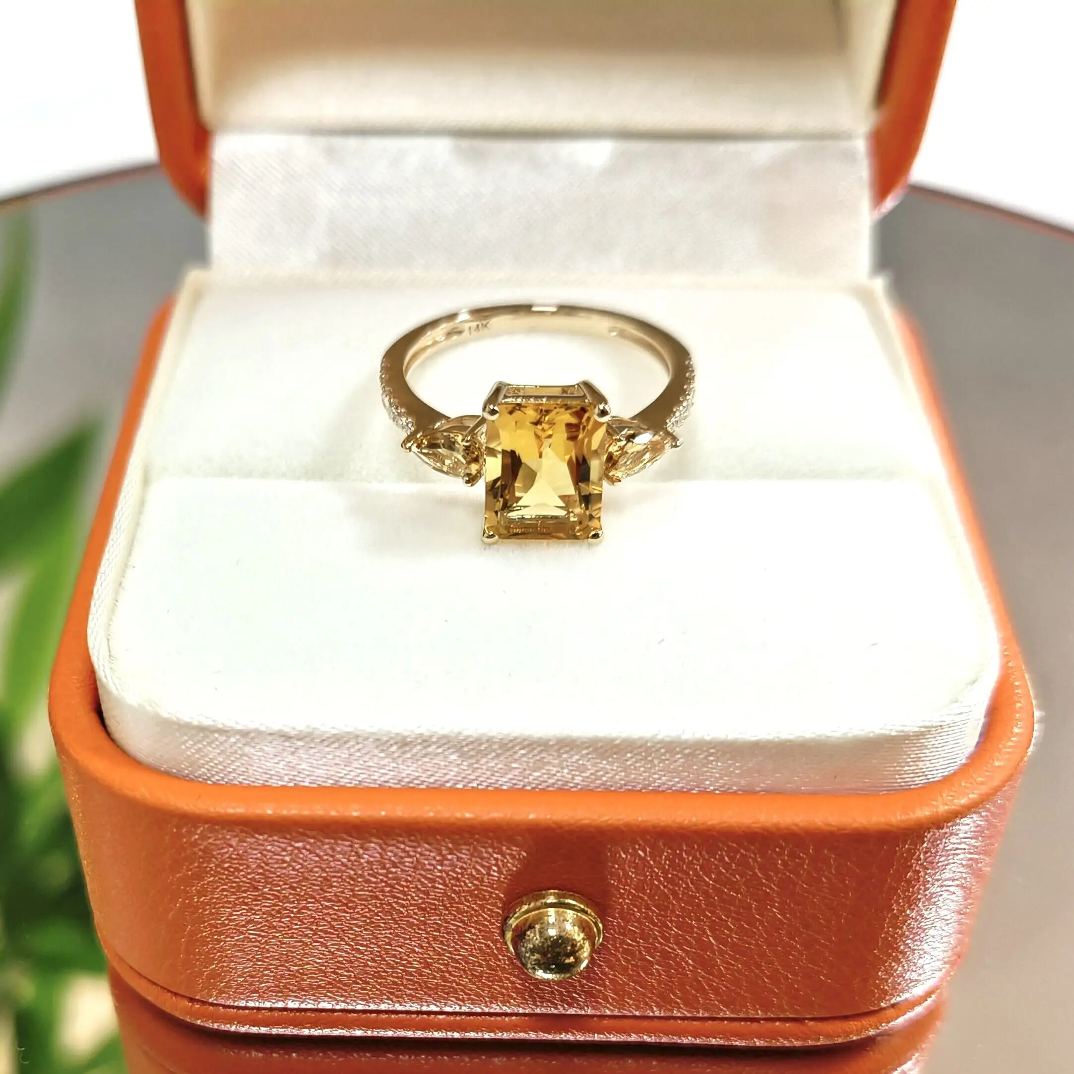 Luxury Large 7x9mm OCT Natural Moissanite Yellow Morganite 14k Real Solid Gold Engagement Ring