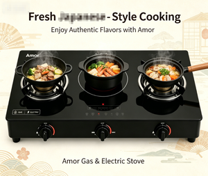 Estufa Híbrida Amor de 3 Quemadores, 2 de Gas + 1 Infrarrojos, Vidrio Templado Negro, Soportes de Hierro Fundido, Compatible con GLP/GN para Cocina Moderna - Product Image 6