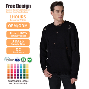 Custom Fall Winter Men's Distressed Ripped Wool Sweater Black Oversized Crew Neck Knit <b>Pullover</b> <b>Jumper</b> - Product Image 2