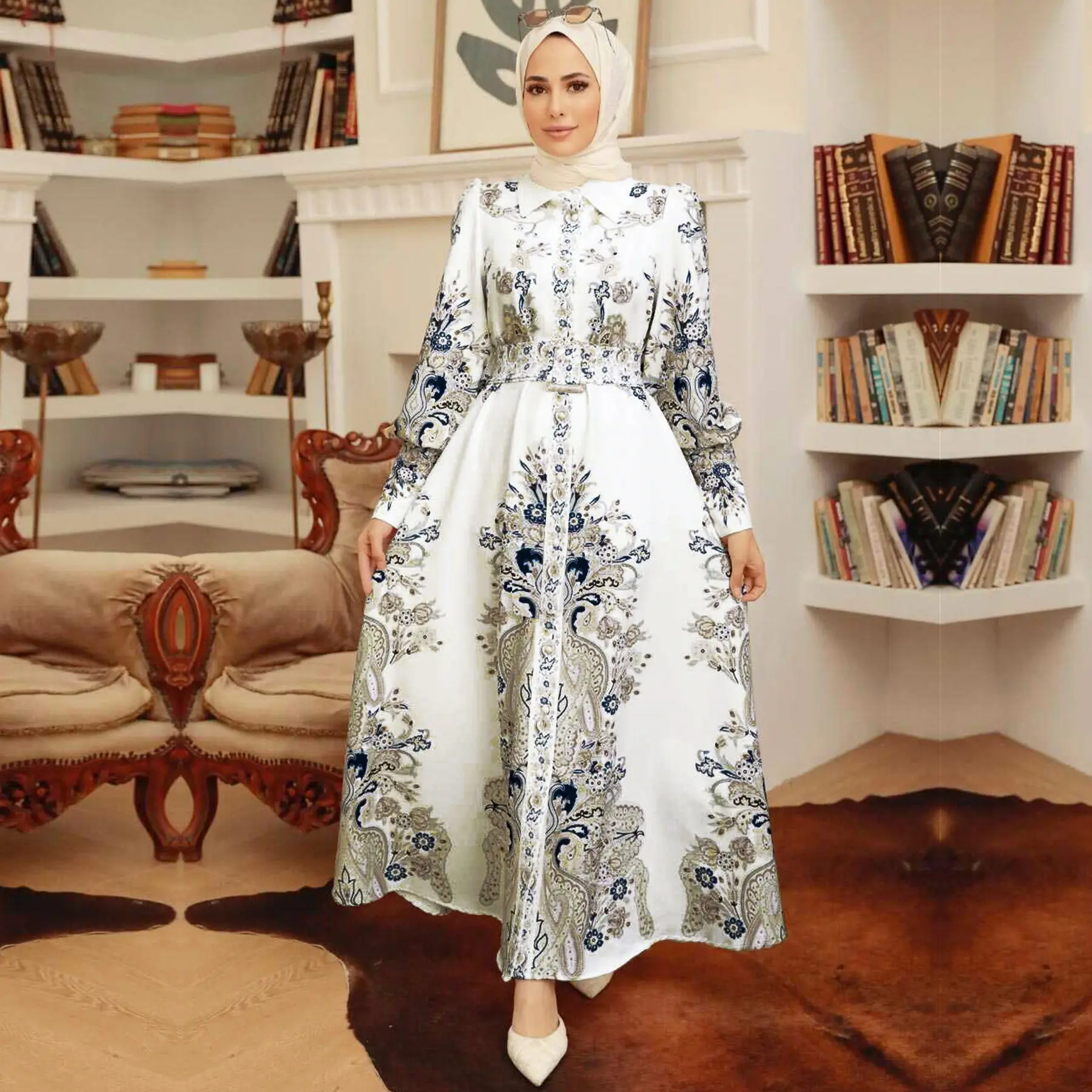 Moda müslüman kadınlar Abaya Malay Casual Maxi çiçek baskılı elbise uzun kollu Kaftan müslüman giyim