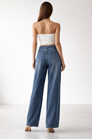Celana Denim Wanita SHENGFU Custom OEM Pinggang Tinggi Asimetris Model Lilit Kaki Lebar, Celana Panjang Desainer Fashion Longgar Berbahan Washed