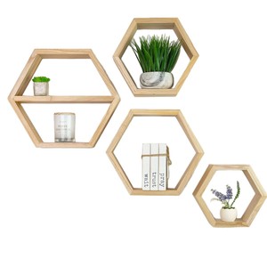 Solid Wood Hexagonal Wall <b>Shelf</b> Floating Storage Honeycomb Rack Living Room Decoration Bookshelf Plant <b>Display</b> <b>Unit</b> - Product Image 5