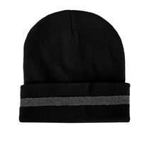 Topi Rajut Akrilik Hitam 100% Hangat untuk Musim Dingin, Lari, Aktivitas Luar Ruangan, Beanie Hi Vis dengan Pita Reflektif, Logo Kustom, Beanie Reflektif