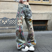 Pantalon large vintage effet vieilli coupe droite - Jean en denim imprimé chat, lapin et chien style streetwear américain
