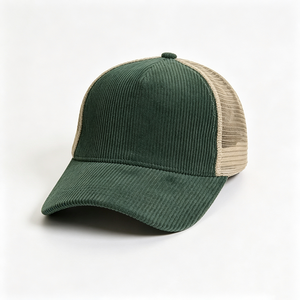 Casquette Trucker Homme en Velours Côtelé Vert Foncé avec Dos en Maille Kaki, Style Vintage Bicolore, pour Extérieur et Tenues Décontractées, Logo Personnalisé, Vente en Gros - Product Image 3