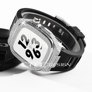 Boîtier de montre en métal de luxe avec <span class=keywords><strong>pierre</strong></span> glacée, bracelet en caoutchouc fluoré pour Apple Watch 42mm/44mm/45mm/46mm IWatch Series 10/9/8/7/6/5/4/SE - Product Image 2