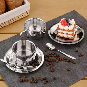 Taza de Café Estilo Coreano al por Mayor, Taza de Doble Capa de Acero Inoxidable 304 para el Hogar y la Oficina con Juego de Plato y Cuchara - Product Image 3