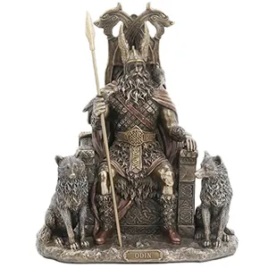 Custom resin veronese model norse god Odin on throne statue bronze color odin figurine with wolves