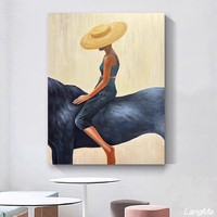 Peinture à l'huile abstraite sur toile, style rétro nostalgique, représentant une femme à cheval, sans cadre, pour la décoration du salon ou de l'entrée.