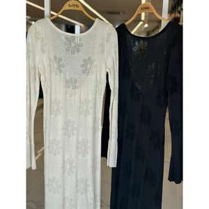 Robe longue en maille florale Sobe, col rond, coupe ample, transparente, noire, robe décontractée pour tous les jours - Product Image 1