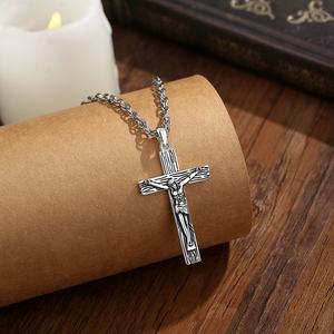 Collar con Colgante <span class=keywords><strong>de</strong></span> Cruz Crucifijo <span class=keywords><strong>de</strong></span> Cobre Plateado Estilo Vintage, Joyería Religiosa Devocional para Hombre, Venta al Por Mayor - Product Image 4