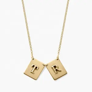 Wholesale 18k gold plated sterling silver dog tag pendants T and R initials engraved 3d bar necklace