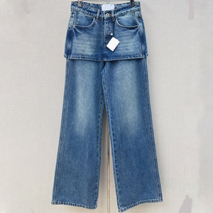 Vente en gros Personnalisé 26SS Pantalon en jean pour femme, design faux deux-pièces avec jupe cousue, coupe droite, pour usage quotidien décontracté - Product Image 1