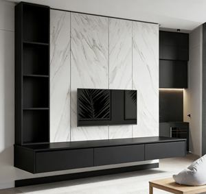 Meuble TV flottant noir élégant - Meuble de salon moderne avec mur d'accent en marbre et organisation de rangement intégrée - Product Image 1