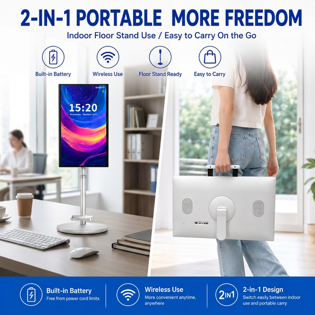 27" Portable TV Android 13 Advertising Monitor with Battery (Movable Stand Full 1080P Touchscreen)