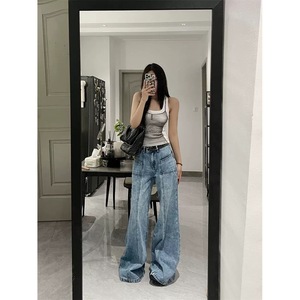 Pantalones vaqueros rasgados para mujer, primavera otoño 2025, rectos, lavados, finos, sueltos, de pierna ancha, pantalones acampanados, transpirables, informales, con logotipo en la cintura - Product Image 1