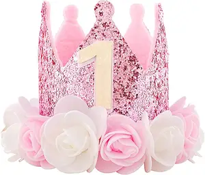 2024 First Birthday Crown Flower Pink Crown Party Decorative Hat Baby Girl's 1st Birthday Crown