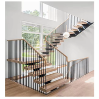 Escalier droit CBMmart en verre trempé couleur marron classique avec poutre monobloc et marches en bois massif avec éclairage LED pour appartement