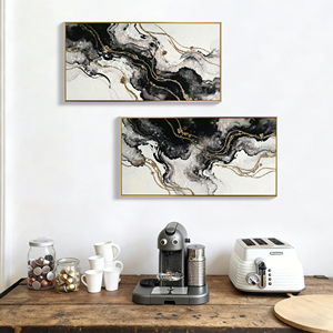 Grandes œuvres d'art murales abstraites encadrées en noir et blanc, lot de 2 impressions sur toile, tableaux pour murs, image moderne noir et or - Product Image 2
