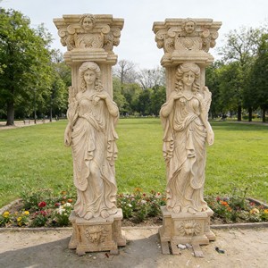 Colonne Caryatide in Marmo Beige Intagliate a Mano con Figure Femminili, Deesse delle <span class=keywords><strong>Quattro</strong></span> Stagioni, per Arredo Villa, Pilastri in Pietra Naturale - Product Image 3