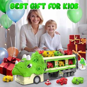Los Juguetes de Camiones Más Nuevos, 6 Vehículos de Dinosaurios, Camión de Transporte de Juguetes, Set de Pista de Carreras con Luces y Sonidos para Niños - Product Image 3