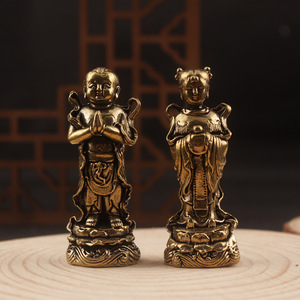 Figuras de niño y niña de latón, 2 piezas, niño dorado y niña de jade, decoración para el hogar, esculturas de mesa - Product Image 1