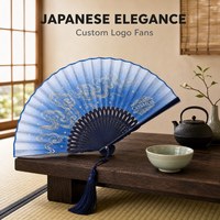 Kipas Tangan Lipat Bambu Biru Gaya Cina dengan Logo Kustom untuk Pernikahan, Dilengkapi Rumbai, Desain Bunga, Portabel, Langsung dari Pabrik