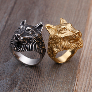 Fabrik Großhandel Cool Herren 18 Karat vergoldet Edelstahl Wikinger <span class=keywords><strong>Wolf</strong></span> Kopf Fingerring für Männer HipHop Retro Tiers chmuck - Product Image 1