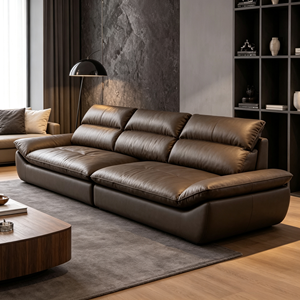 Sofá Moderno de Tres Plazas en Cuero Genuino con Respaldo Acolchado, Brazos Acolchados y Patas de Madera para Sala de Estar - Product Image 5