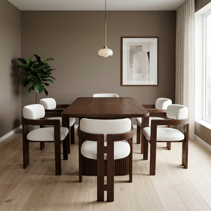 Ensemble de table à manger en teck indonésien moderne avec chaises rembourrées blanches, design de dossier solide, meubles durables pour la maison - Product Image 3