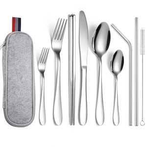 Hot Selling Luxury Stainless Steel Spoon Fork Knife Chopsticks Straw 9 Piece Travel Camping Gold Cutlery Flatware Dinnerware Set - Product Image 1
