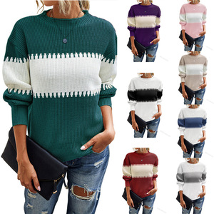 Pull-over rayé personnalisé pour femmes de style coréen à blocs de couleurs avec manches lanterne Mode hivernale Tricot Tissage Logo sur le devant - Product Image 2