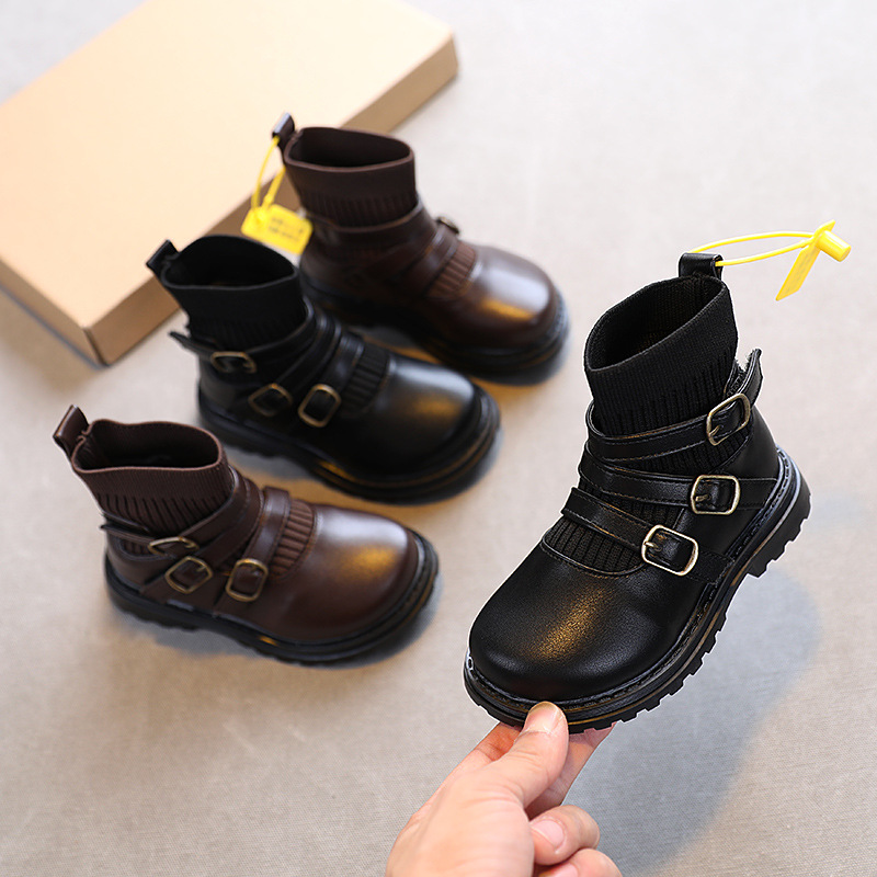 Осень 2021, новые корейские Детские однотонные кожаные ботинки в стиле ретро с вязаными швами, маленькие рабочие ботинки в студенческом стиле
