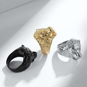 Lion Head <b>Titanium</b> Steel Men's <b>Ring</b> Gold Color Prong Setting Gift Jewelry - Product Image 2