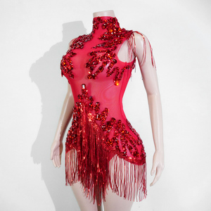 Justaucorps Scintillant Rouge Rubis Passionné avec Franges en Strass pour Danse Flamenco, Tango, <span class=keywords><strong>Samba</strong></span>, Spectacle, Diva, Showgirl, Tenue de Scène, Événementiel - Product Image 4