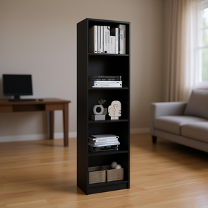 Libreria Nera a 5 Ripiani, Design Sottile, Arredamento Moderno per Casa e Ufficio, Scaffale in Legno, Unità di Stoccaggio per Soggiorno - Product Image 2