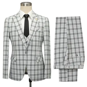 欧式男士西装窗玻璃休闲商务时尚男士格子西装外套灰色3件男士套装一键式套装