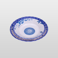 Vintage blauw-witte melamine ronde bord met Chinese Fu karakterprint, onbreekbaar dinerbord voor thuis, restaurant of tafelservies.