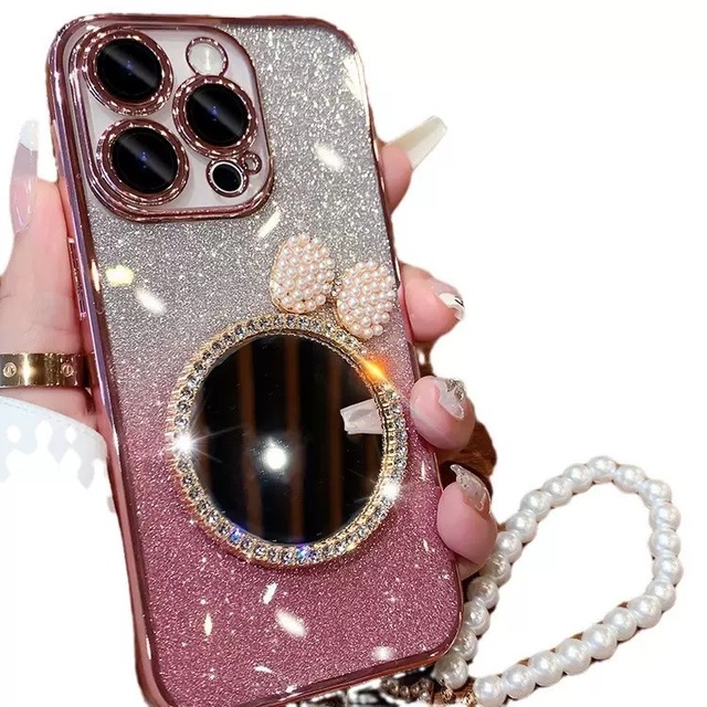 New Luxury Glitter Bling Crystal Diamond Mirror Phone Case for Iphone 16 15 14 13 12 11 Pro Max With Pearl Chain Bracelet Cover