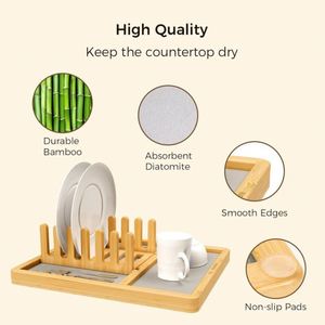 2 1 Detachable Bamboo Kitchen <b>Dish</b> Drying <b>Rack</b> Diatomite Stone Mat Modern Minimalist Multi-Compartment Plate Bowl Storage Holder - Product Image 3