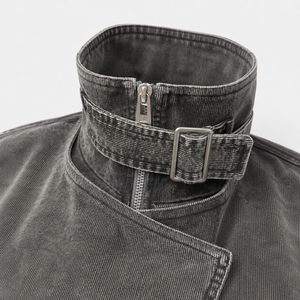 Womens Asymmetric <b>Denim</b> Bomber Jacket Stand Collar Full Sleeve Washed Black Autumn Style Short Length Zipper Closure Women <b>Coat</b> - Product Image 4