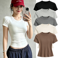 T-shirt décontracté pour femme, style américain, coupe slim, épaules tombantes, été, coton/fibre de bambou ; col rond, manches courtes douces et ajustées