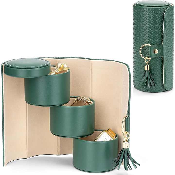 Green 3-Tier Cylindrical Travel Jewellery Box - PU Leather Organizer