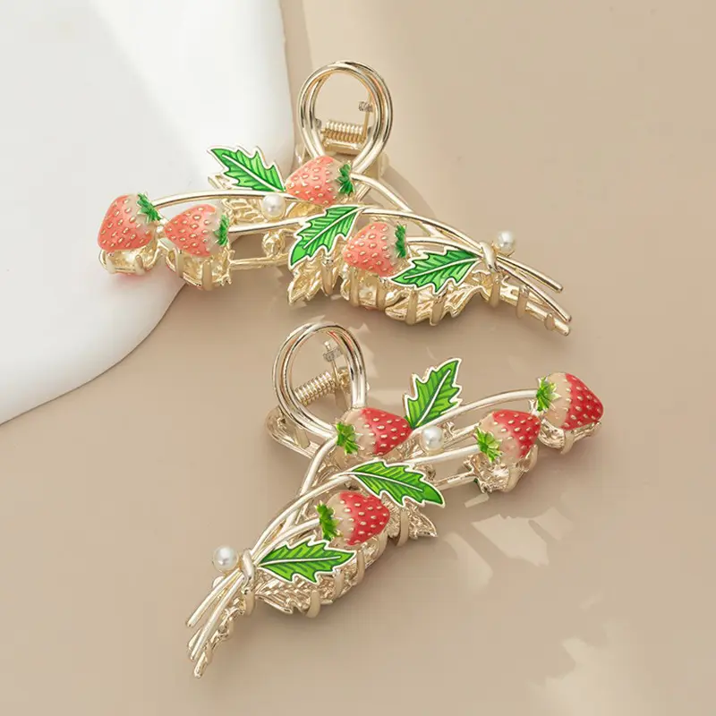 Custom Oil Dripping Strawberry Large Size Fruits Metal Hair Claw Hair Accessories For Girls