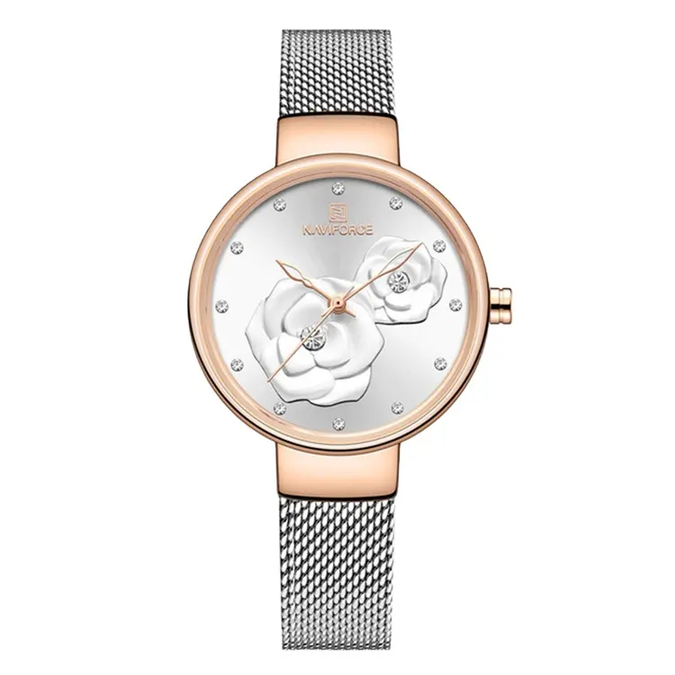 NAVIFORCE 5013 Women Watch Top Brand Luxury Silver Rose Gold Wristwatch Mesh Stainless Steel Bracelet Flower Female Clock