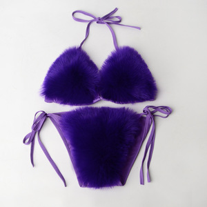 Ensemble de bikini en fourrure de <span class=keywords><strong>renard</strong></span> véritable couleur personnalisée pour femme, lingerie de plage estivale moelleuse standard, soutien-gorge et culotte sexy détachables, maintien moyen - Product Image 4