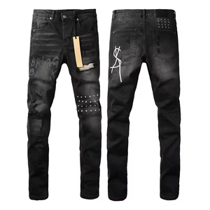 Jeans pour hommes de la rue principale, vente en gros, 100% coton, taille mi-haute, coupe slim, pantalon droit, respirant, déchiré, délavé, denim d'hiver - Product Image 5