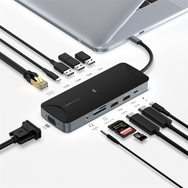 USB Type c Hub 13 in 1 With 10W Wireless Charging USB C Docking Station 4K Dual HDMI RJ45 PD USB Expansion Type C Hub Adapter